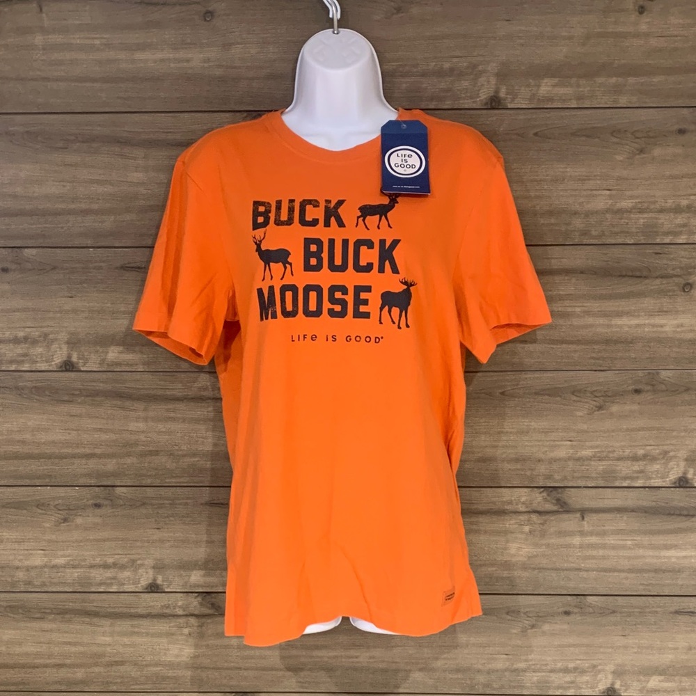 Life Is Good Men's Vibrant Orange Tee with Moose Graphic